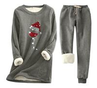 Ensemble de vêtements de détente en polaire pour femme - Pull doublé en polaire douce au toucher et pantalon en polaire à carreaux en velours épais - 2 pièces - Couleur unie - Automne et hiver - Tenue