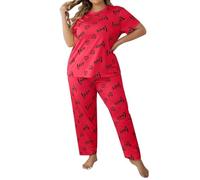 Ensemble de vêtements de détente pour femme grande taille - Ensemble de pyjama à manches courtes et pantalon confortable - Chemise de nuit confortable - Imprimé lettres de cœur - Chemise de nuit à col