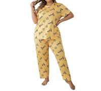 Ensemble de vêtements de détente pour femme grande taille - Ensemble de pyjama à manches courtes et pantalon confortable - Chemise de nuit confortable - Imprimé lettres de cœur - Chemise de nuit à col