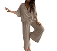 Ensemble de vêtements de détente pour femme, manches courtes, col en V, tunique et pantalon long à jambes larges, ensemble de pyjama doux et confortable d'été 2 pièces avec poches, kaki, S