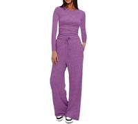 Ensemble de vêtements de détente pour femme - Survêtement deux pièces à col rond - Haut extensible à manches longues et cordon de serrage - Pantalon large - Pantalon à jambe droite - Vêtement de sport