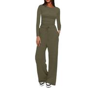 Ensemble de vêtements de détente pour femme - Survêtement deux pièces à col rond - Haut extensible à manches longues et cordon de serrage - Pantalon large - Pantalon à jambe droite - Vêtement de sport