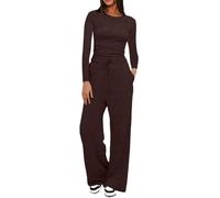 Ensemble de vêtements de détente pour femme - Survêtement deux pièces à col rond - Haut extensible à manches longues et cordon de serrage - Pantalon large - Pantalon à jambe droite - Vêtement de sport