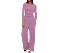 Ensemble de vêtements de détente pour femme - Survêtement deux pièces à col rond - Haut extensible à manches longues et cordon de serrage - Pantalon large - Pantalon à jambe droite - Vêtement de sport