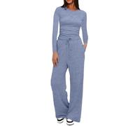 Ensemble de vêtements de détente pour femme - Survêtement deux pièces à col rond - Haut extensible à manches longues et cordon de serrage - Pantalon large - Pantalon à jambe droite - Vêtement de sport