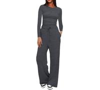 Ensemble de vêtements de détente pour femme - Survêtement deux pièces à col rond - Haut extensible à manches longues et cordon de serrage - Pantalon large - Pantalon à jambe droite - Vêtement de sport