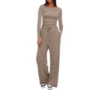 Ensemble de vêtements de détente pour femme - Survêtement deux pièces à col rond - Haut extensible à manches longues et cordon de serrage - Pantalon large - Pantalon à jambe droite - Vêtement de sport