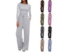 Ensemble de vêtements de détente pour femme - Survêtement deux pièces à col rond - Haut extensible à manches longues et cordon de serrage - Pantalon large - Pantalon à jambe droite - Vêtement de sport