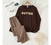 Ensemble de vêtements de détente pour préadolescents avec Top à manches longues imprimé de lettres et pantalon à carreaux 8Y,9Y,10Y,11Y,12YLettres,CarreauÉtoffe