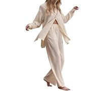 Ensemble de vêtements de maison 2 pièces à manches longues vintage en coton et lin pour femme Ensemble de hauts et pantalons Ensemble de jogging ample Manches raglan Sleepwear Summer, a, S