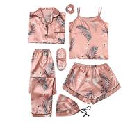 Ensemble de vêtements de nuit 4 pièces toute saison pour femme - Short de pyjama - Tenue d'intérieur - Imprimé flamant rose, rose gold, M