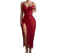 Ensemble de vêtements de nuit à col en V et bretelles spaghetti pour femme avec lacets sur le devant et panneaux en maille transparente, comprend une chemise de nuit et un slip avec fente élégante