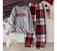 Ensemble de vêtements de nuit élégant pour préadolescentes, avec un Top à manches longues avec col côtelé, imprimé "Good Night" et broderie "NEW YORE" à l'avant, et un pantalon en flanelle à carreaux.