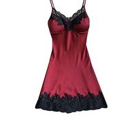 Ensemble de vêtements de nuit pour femme - Sous-vêtements avec manches - Rembourrage de vêtements de nuit - Satin - Boîte de lingerie sexy - Bretelles, Bordeaux, 3XL