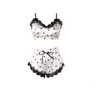 Ensemble de vêtements de nuit sexy pour femme avec haut et short en dentelle sans manches avec imprimé amour, pyjama en satin pour une nuit confortable et décontractée (M, blanc)
