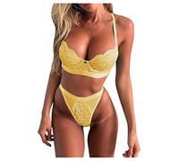 Ensemble de vêtements de nuit sexy pour femme - Dentelle - Négligé - Dos nu - Lingerie transparente - Soutien-gorge et culotte - Confortable - Lingerie sexy - Robe en peluche, jaune, S