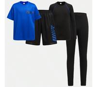 Ensemble de vêtements de sport tricotés en quatre pièces pour garçon pré-adolescent avec T-shirt à manches courtes imprimé sportif à encolure ronde et short associé à un T-shirt à manches longues étro