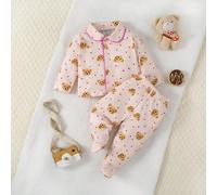 Ensemble de vêtements décontractés pour la maison, 2 pièces, pour bébé fille : un haut cardigan à manches longues imprimé d'ours de couleur abricot profond et un pantalon long assorti 6-9M,9-12M,12-18