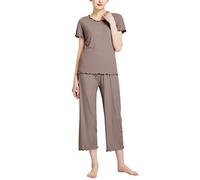 Ensemble de vêtements d'été pour femme en modal à manches longues - Pyjama uni décontracté basique - Coupe ample et légère, café, 3XL