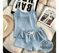 Ensemble de vêtements d'extérieur pour femmes, nouvel ensemble de style d'été, bleu, à la mode et polyvalent, tenue de plage et de bord de mer, tenue de rendez-vous, ensemble de débardeur et short pou
