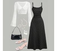 Ensemble de vêtements d'extérieur pour filles enfants et adolescentes, printemps/été, nouvelle mode tricotée rétro, veste à manches cloche en jacquard noir à pois blancs et robe camisole à imprimé flo