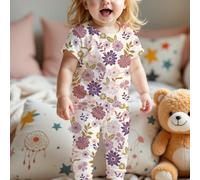 Ensemble de vêtements d'intérieur pour bébé fille, style minimaliste avec imprimé floral, col rond, manches courtes et pantalon. Convient pour l'été, le nouvel automne, style doux, mode enfant pour l'