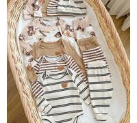 Ensemble de vêtements d'intérieur pour nouveau-né, 15 pièces, mignon, décontracté et polyvalent, en tricot rayé avec motif de dessin animé, comprenant une combinaison à manches longues et un pantalon 