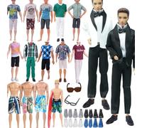 Ensemble de vêtements et Accessoires pour poupées Ken, Comprenant 1 Costume Ken, 5 Hauts, 5 Pantalons, 2 Shorts de Planche, 8 Chaussures, 1 Paire de Lunettes et 1 Planche de Surf (Style aléatoire)