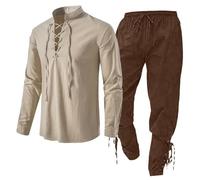 Ensemble de vêtements médiéval pour homme - Tenue de loisirs Viking - Costume de Renaissance - Chemise en lin - Chemise de pirate - Pantalon médiéval