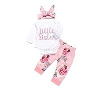 Ensemble de vêtements pour bébé fille Big Little Sister Barboteuse et pantalon imprimé rose et bandeau 3 pièces