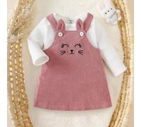 Ensemble de vêtements pour bébé fille mignon rose avec robe à bretelles + haut à manches longues blanc, 2 pièces, nouvel ensemble de vêtements de mode d'été pour bébé 6-9M,0-1M,1-3M,3-6MCartoonPolyest
