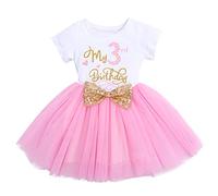 Ensemble de vêtements pour nouveau-né fille « It's My 1er/2e/3e anniversaire » avec tutu à paillettes et nœud papillon princesse pour baptême ou concours de beauté - Rose - 4-6 ans