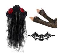 Ensemble de voiles morts Day of the Dead - costume, tenue de maquillage pour le visage, robes de peinture de crâne, coiffe en dentelle gothique | Pour les adultes Halloween Celebration Stage Perf