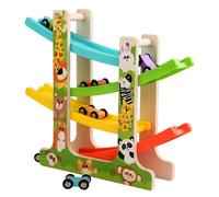 Ensemble De Voiture De Course De Rampe En Bois Pour Tout-Petits, Jeu Montessori Dos, Mini Glissière À Inertie, Course De Montagnes Russes--Animal