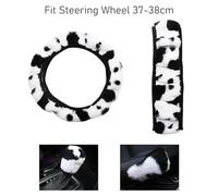 Ensemble de voiture en peluche 3 pièces avec motif vache noire et blanche : volant doux, moelleux et chaud, housse de frein à main ; antidérapant, respirant ; adapté aux roues de 38 cm, parfait pour