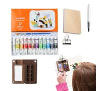 Ensemble de voyage aquarelle d'artiste de poche - 12- Mini kit de peinture de peinture, Palette d'aquarelle en bois portable, carnet de croquis avec pinces à classeurs, kit d'outils de peinture de