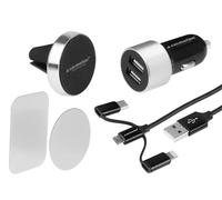 Ensemble de voyage : chargeur 2x USB 3.1A + câble 3 en 1 : micro USB / Lightning / USB-C + support magnétique pour grille d'aération