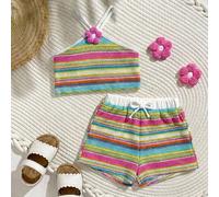 Ensemble débardeur à fleurs imprimées colorées et rayures et short à taille élastique, tenue décontractée d'été pour bébé fille 6-9M,9-12M,12-18M,18-24M,2-3Y,3-6MRayéPolyester