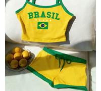 Ensemble débardeur court et short imprimé lettres colorées du drapeau du Brésil pour femmes, idéal pour l'été L,M,S,XL,XS,XXSGéométrique,LettresÉtoffe