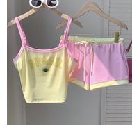 Ensemble débardeur et short à cordon de serrage taille bicolore avec imprimé drapeau du Brésil et lettres, pour femmes, style décontracté, sport, usage quotidien L,M,S,XSBlocs de couleur,Lettres,Drape