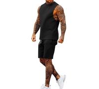 Ensemble débardeur et short pour homme 2 pièces col rond sans manches débardeur élastique cordon de serrage taille respirant vêtements de sport pour noir L
