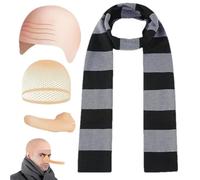 Ensemble d'écharpe rayée pour Halloween, 4 accessoires de costume d'Halloween, écharpe, faux cuir chevelu, bonnet chauve, long nez, accessoires de costume d'Halloween, dessin animé, cosplay, jeu de