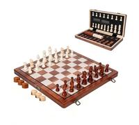 Ensemble d'échecs et dames magnétiques en bois de 38,1 cm - Planche pliante avec 2 reines supplémentaires pour adultes et enfants, jeux de voyage portables (noyer)