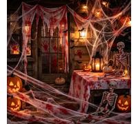 Ensemble Déco Halloween Effrayant - Déco Sang avec Gaze, Nappe, Bandage, Toile d'Araignée, Araignées, Empreintes de Mains, Chauves-Souris 3D, Couteau pour Fête d'horreur Intérieur Extérieur
