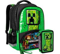 Ensemble d'école 2 pièces pour fan de Minecraft - Sac à dos d'école primaire enfant 42 cm ergonomique + trousse à 2 compartiments complet (32 accessoires)