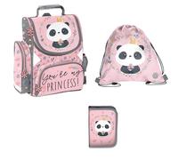 Ensemble d'école 3 pièces : cartable + sac de gym + trousse vide - Panda - Vieux rose/gris