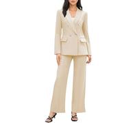 Ensemble décontracté 2 pièces pour femme avec blazer à double boutonnage et pantalon à jambes larges, beige, M