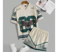 Ensemble décontracté 2 pièces pour homme avec t-shirt col V imprimé numéro & aigle et short à taille cordon, beige, tenue streetwear d'été pour city break L,M,S,XL,XS,XXLTissu tricoté