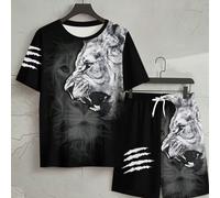 Ensemble décontracté 2 pièces pour homme grande taille avec chemise à manches courtes et short, imprimé griffes de lion noir et blanc, style tough guy, imprimé numérique croquis de lion, coupe ample,