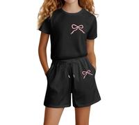 Ensemble décontracté à Manches Courtes et imprimé Lettres pour Filles Ensemble Jogging Fille Hiver (Black, 7-8 Years)